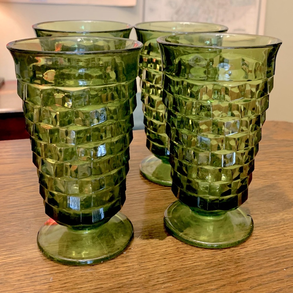 Vintage Indiana Glass Whitehall Cubist Avocado Green Glassware Set of 4 Glasses